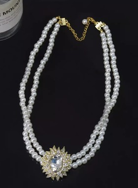 法式新款金属镶钻双层珍珠项链女