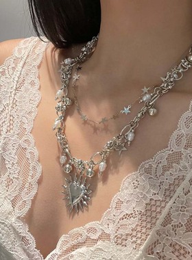 甜酷辣妹星星亮片爱心吊坠项链女