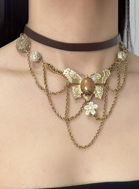 黑色皮质项圈链条流苏蝴蝶项链女