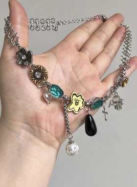 多元素金属链花朵珍珠水滴项链女