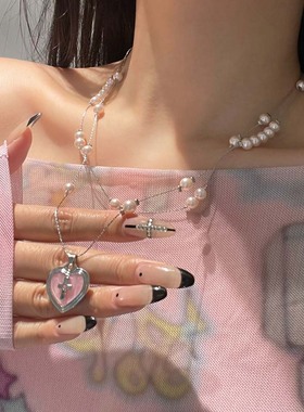 甜美超仙粉色珍珠爱心十字架项链