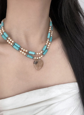 中古风绿松石串珠树脂爱心项链女