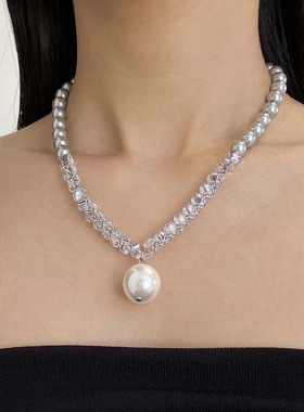 水晶串珠灰色珍珠吊坠项链女颈链