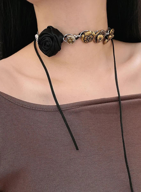 韩国小香风绒布黑色玫瑰花项链女