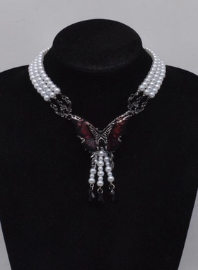 欧美多层珍珠镶钻蝴蝶流苏项链女