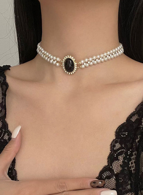 赫本风复古双层珍珠黑宝石项链女