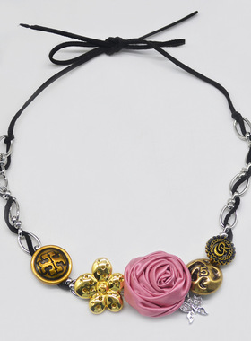 甜酷辣妹金属纽扣布艺花朵项链女