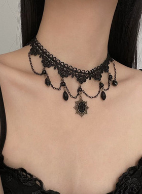 暗黑蕾丝花边水晶流苏吊坠项链女