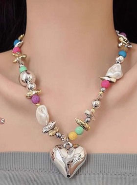 多巴胺彩色串珠爱心吊坠项链颈链