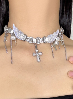 复古流苏翅膀十字架吊坠珍珠项链