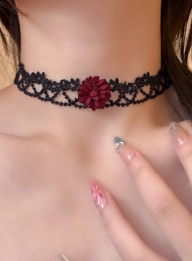 暗黑辣妹花朵系带黑色蕾丝项链女