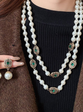 欧美镶钻珍珠串珠椭圆毛衣链耳针