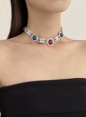 欧美复古彩色树脂琉璃珍珠项链女