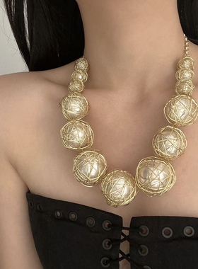 欧美夸张金属缠绕大颗珍珠项链女