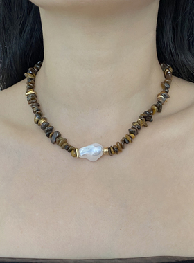 天然虎眼石串珠女异型不规则项链