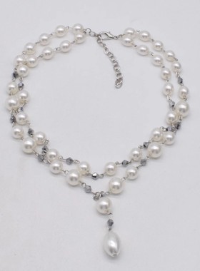 时尚甜美双层叠戴珍珠水滴项链女