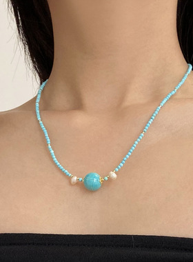 蓝色水晶小米珠串珠项链女锁骨链