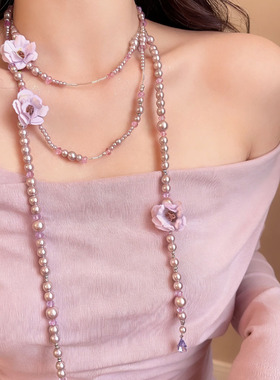 法式复古紫色花朵珍珠串珠项链女