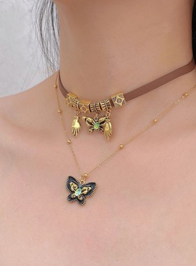 复古棕色皮质流苏蝴蝶吊坠项链女