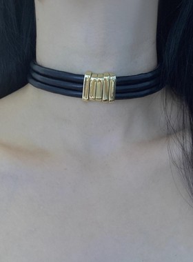 欧美夸张三层皮质几何金属项链女