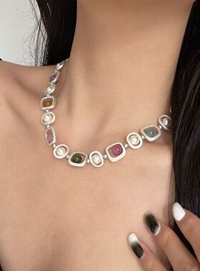时尚几何方形金属彩色串珠项链女