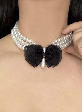 三层珍珠蝴蝶结水滴吊坠项链颈链