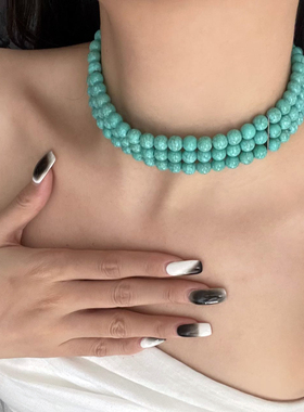 新中式复古多层绿松石串珠项链女