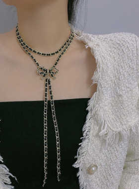 皮革金属链长款流苏女蝴蝶结项链