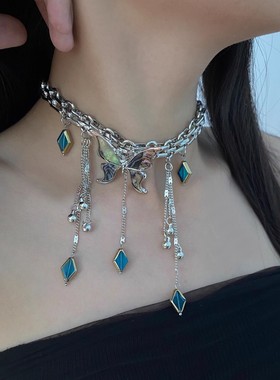 重工金属朋克水晶流苏蝴蝶项链女
