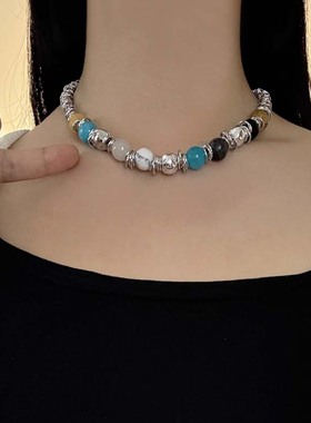 韩版不规则串珠拼金属碎银项链女