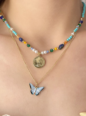 复古绿松石钱币蝴蝶吊坠项链女