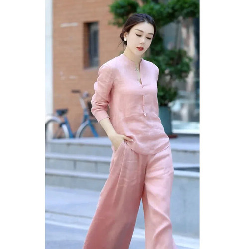 年轻妈妈时尚套装秋季气质棉麻漂亮上衣宽松亚麻阔腿裤休闲两件套-图1