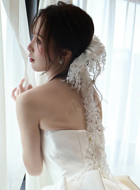 法式风白色蕾丝缎面发圈新娘结婚复古流苏花朵高级感缎面婚纱头饰