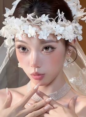 法式小众白色花朵头饰新娘结婚发饰蕾丝发箍高级感拍照道具