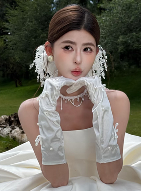 洛丽塔蕾丝花边珍珠蝴蝶结手袖白色缎面甜美少女大肠圈飘带配饰