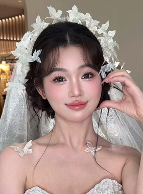 法式蕾丝花朵发带新娘森系超仙头饰白色婚纱结婚仙美蝴蝶灵动发饰