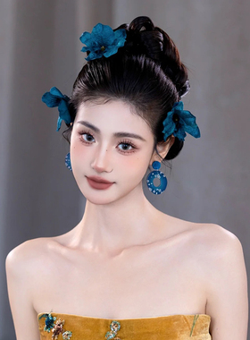 向南造型新中式新娘头饰蓝色仿真花朵耳环旗袍礼服晨袍写真发饰品