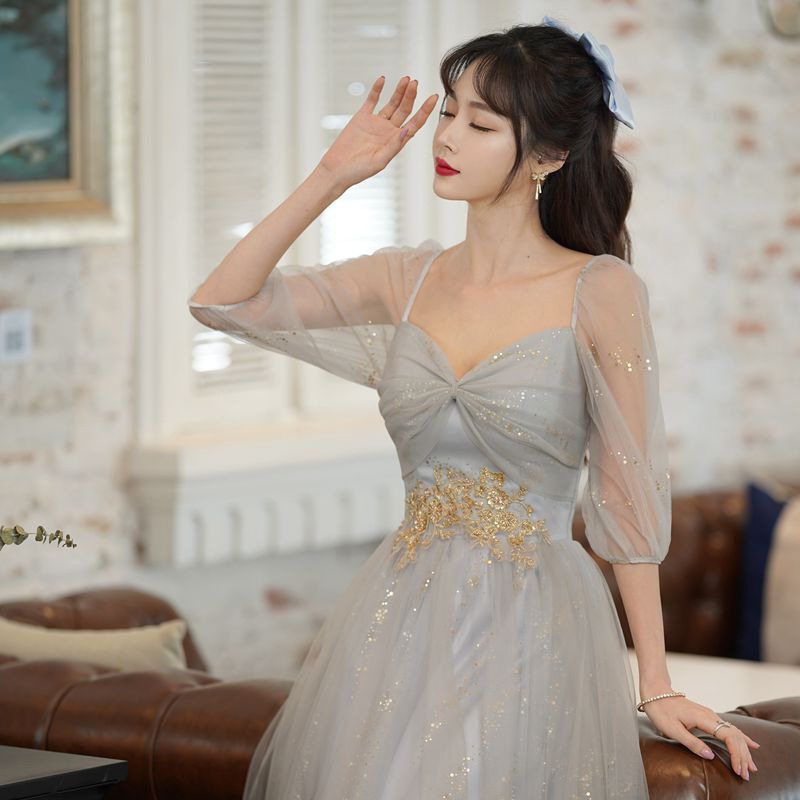 灰色伴娘服女2024年新款春季长款显瘦遮肉大码姐妹团仙气质晚礼服