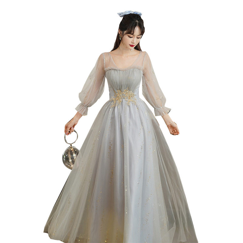 灰色伴娘服女2024年新款春季长款显瘦遮肉大码姐妹团仙气质晚礼服