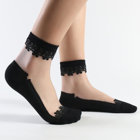 纯棉底丝袜女薄款中筒袜秋黑水晶玻璃冰丝透气耐磨透明蕾丝短袜子