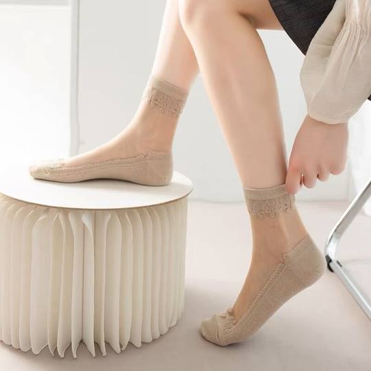 纯棉底丝袜女薄款中筒袜秋黑水晶玻璃冰丝透气耐磨透明蕾丝短袜子