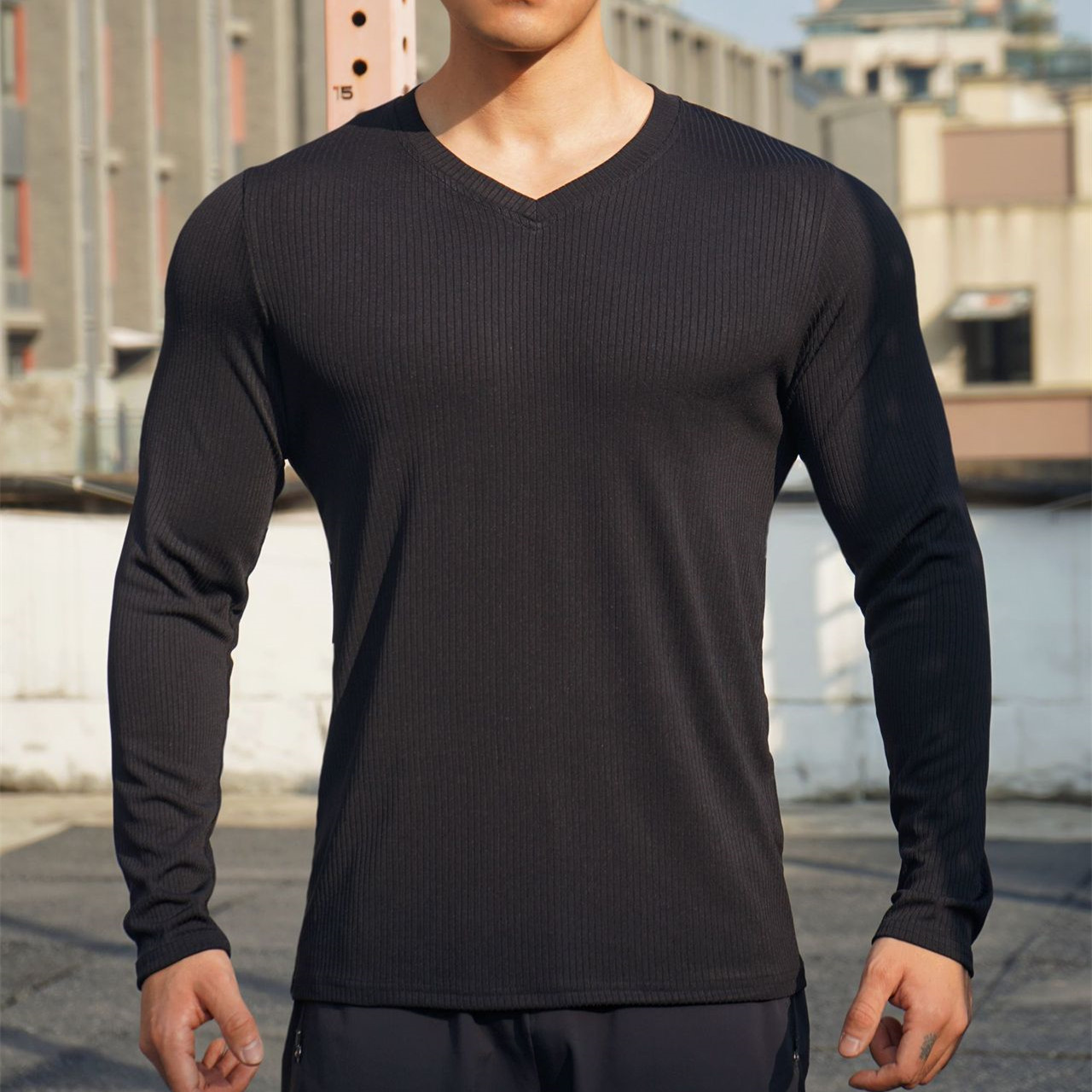 V领长袖男T恤速干运动健身美式潮牌欧码肌肉紧身衣内搭打底衫大码 - 图1