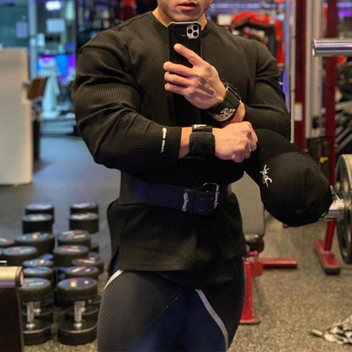 春秋季美式纯色条纹运动卫衣男长袖T恤大码宽松落肩健身训练圆领 - 图2