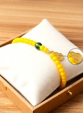 古法金福牌 天然蜜蜡色琉璃手链 女款单圈弹力绳穿戴方便手串