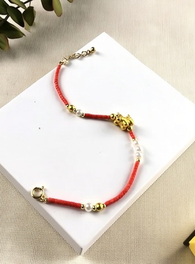 2026 18k金本命年礼物红琉璃手链 轻奢小众精致女生款复古国风
