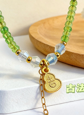 橄榄色 可叠戴手链双圈水晶手链女款 新中式古法金福牌国风手串