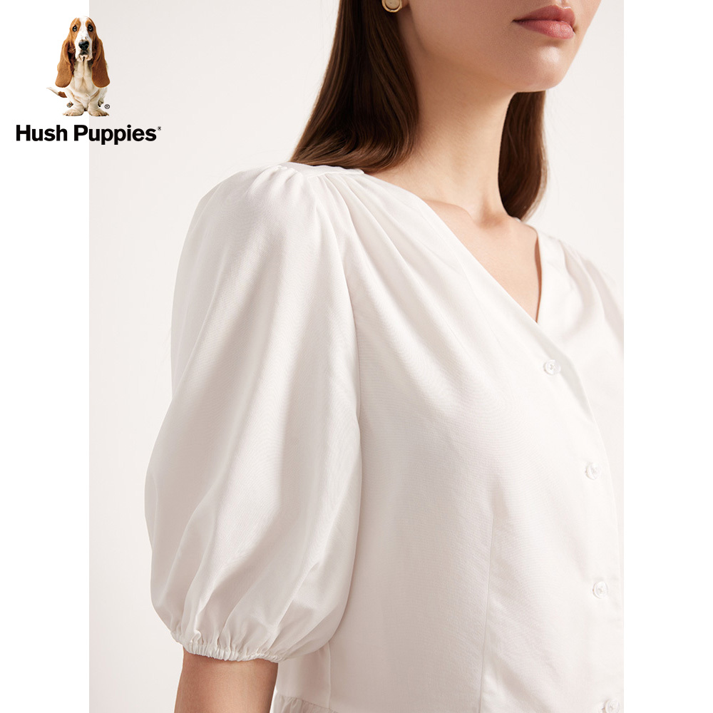 Hush Puppies暇步士女装2023夏季纯色简约通勤百搭收腰泡泡袖衬衫_Hush Puppies服饰旗舰店_女装/女士精品