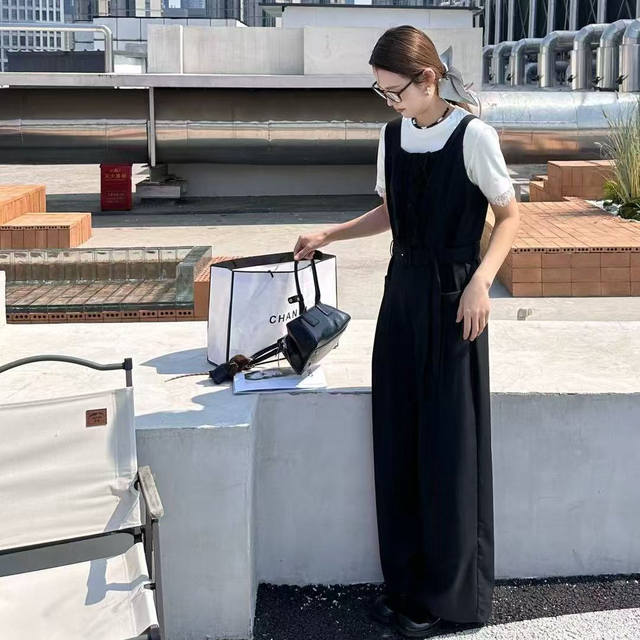 Retro square collar patchwork suspender jumpsuit with earrings