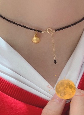 新款黑色锁骨链女夏黑尖晶颈链项链14K镀金豆豆小众choker超闪