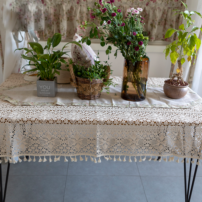 复古镂空蕾丝钩针桌布ins田园居家餐桌布艺圆桌长方形定制拍照布 - 图0